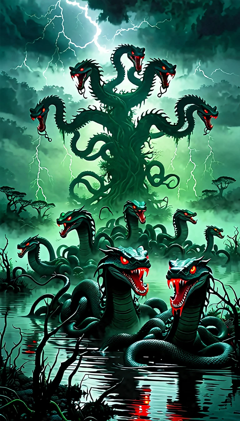 A terrifying Hydra with nine snake-like heads, each head with glowing red eyes and sharp, venomous fangs, emerging from a dark, foggy swamp. The Hydra's scaly, dark green skin glistens under the pale moonlight. The air is filled with an eerie, greenish mist and the swamp is dotted with twisted, dead trees. Lightning crackles in the stormy sky above, casting dramatic shadows and highlighting the monstrous form of the Hydra, making it look even more menacing