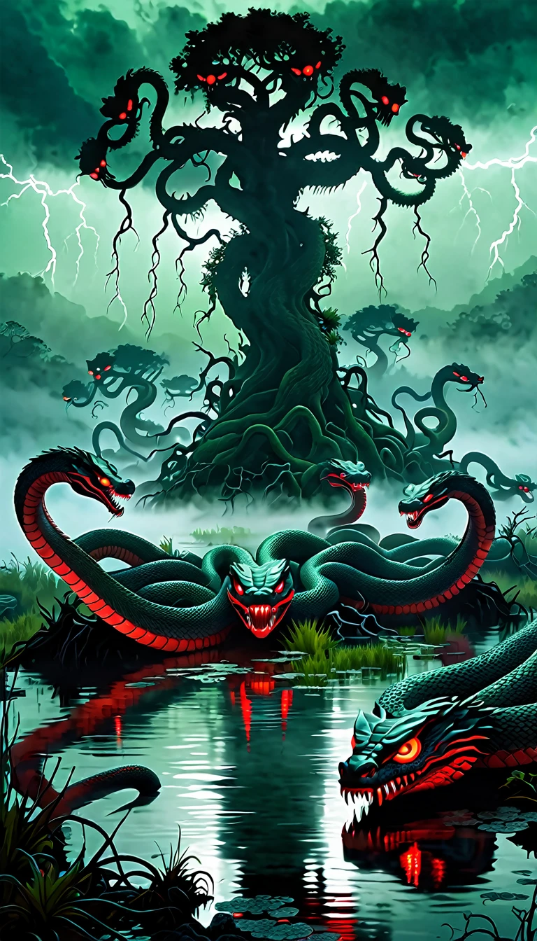 A terrifying Hydra with nine snake-like heads, each head with glowing red eyes and sharp, venomous fangs, emerging from a dark, foggy swamp. The Hydra's scaly, dark green skin glistens under the pale moonlight. The air is filled with an eerie, greenish mist and the swamp is dotted with twisted, dead trees. Lightning crackles in the stormy sky above, casting dramatic shadows and highlighting the monstrous form of the Hydra, making it look even more menacing