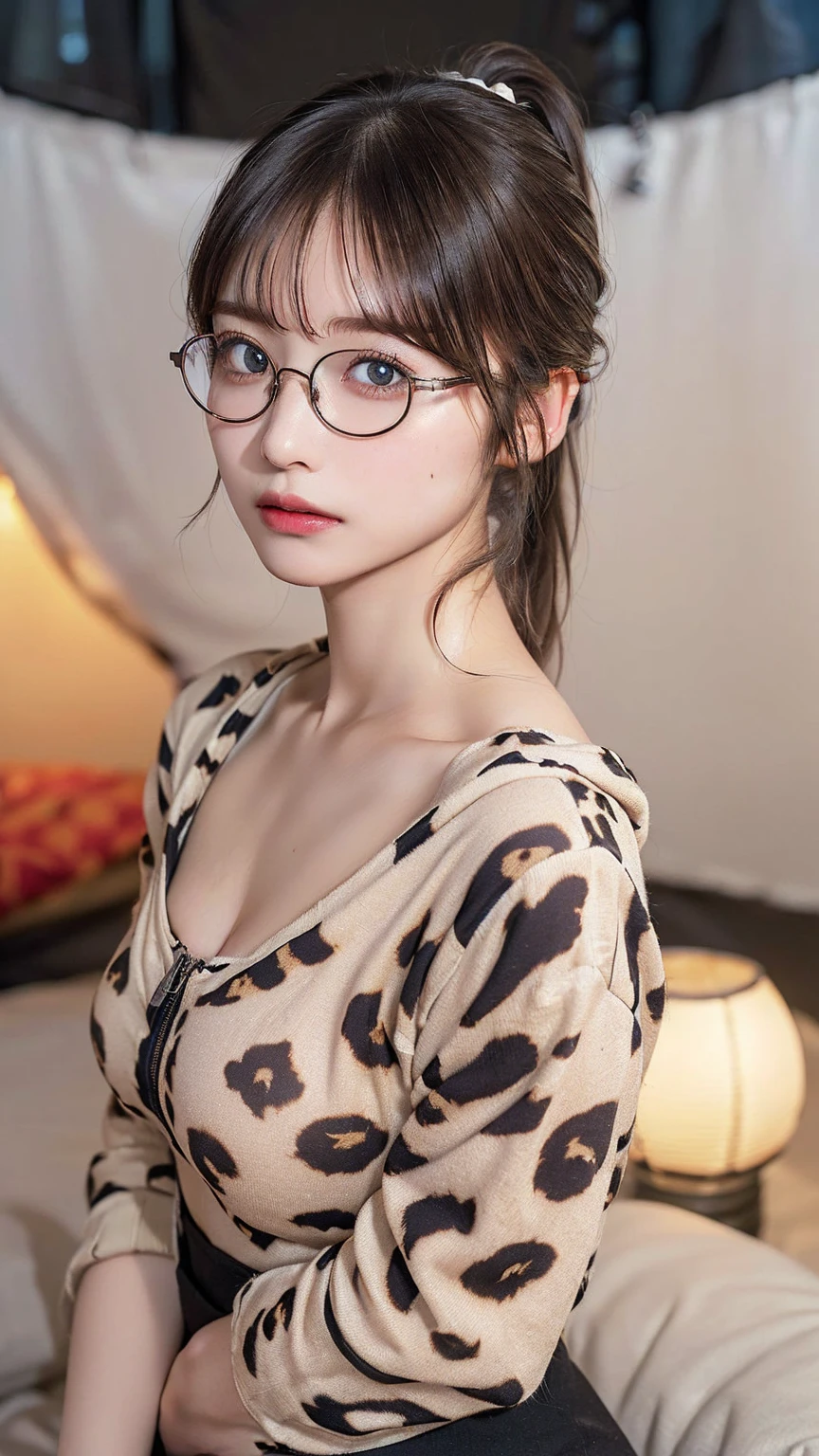 ((Highest quality、In 8K、masterpiece:1.3))、(Very large breasts:1.3)、(Photorealistic、Perfect Style:1.3)、(Beautiful 20 year old woman、One Woman:1.3)、(She has a slim waist and large breasts, like a gravure idol.、Highly detailed face and skin texture with beautiful eyes、Eye highlights:1.3)、((Blonde side ponytail hair:1.3))、(Gal-style Japanese women、The zipper of his grey hoodie is open, exposing his chest.、Leopard print tight micro mini skirt、Very tanned brown skin、Glasses are slipping down:1.3)、(Kin-gal makeup、In a one-person tent、is relaxing leaning against a cushion、Small lantern、evening、The interior of the tent is decorated with stylish and moody lighting.、faint smile、A completely drunk face:1.3)