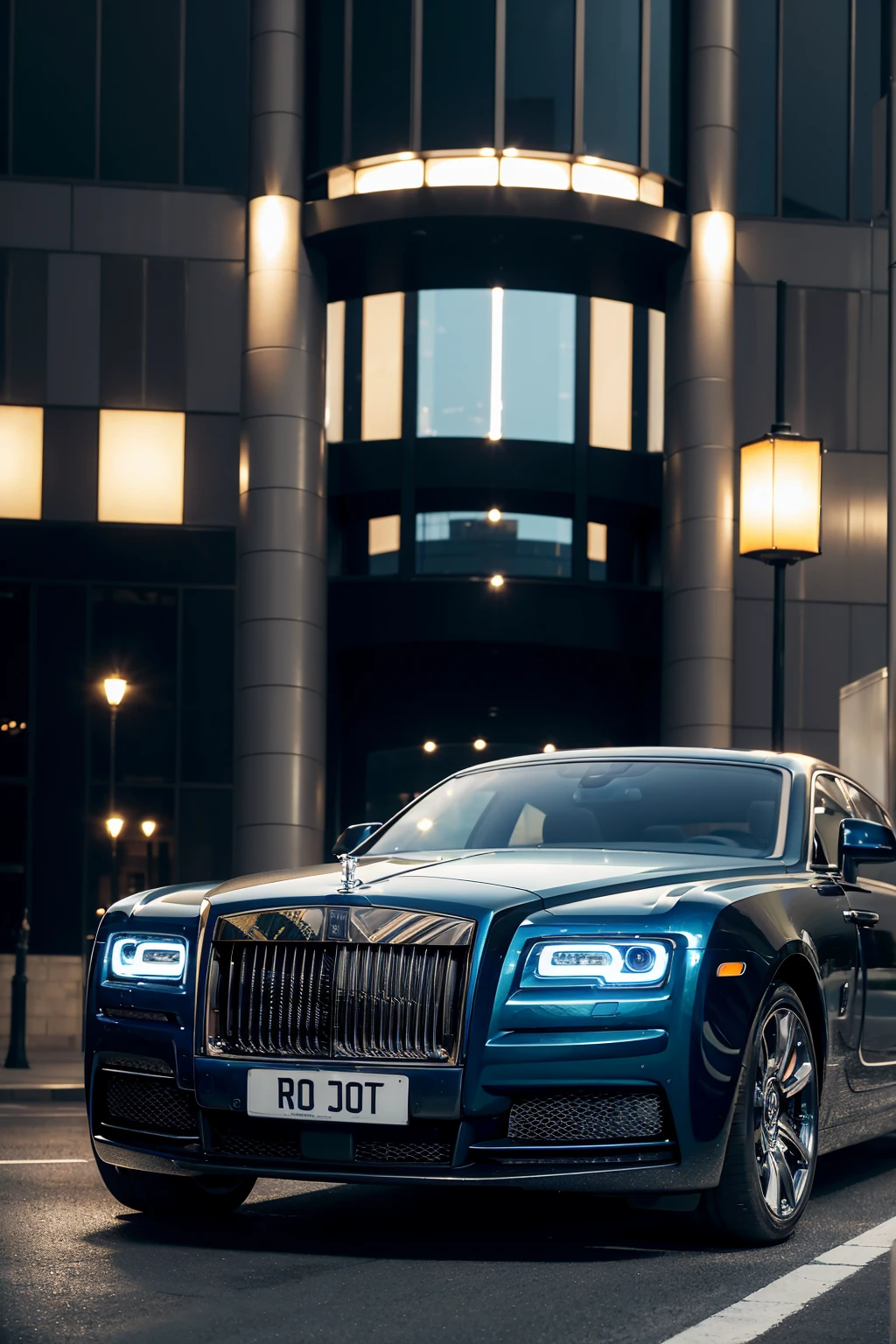 Create an image of a girl and a luxury Rolls Royce car。The body is glossy black、The background is a cityscape with skyscrapers.。Make sure the distinctive Rolls-Royce Spirit of Ecstasy emblem is clearly visible。The car is seen from the side、Describe the scene in natural evening light.。