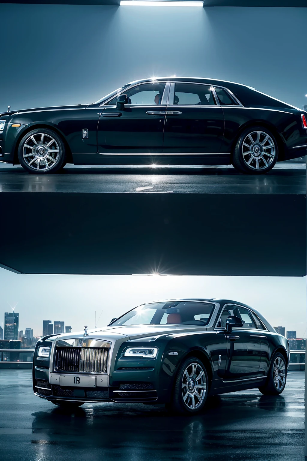 Create an image of a girl and a luxury Rolls Royce car。The body is glossy black、The background is a cityscape with skyscrapers.。Make sure the distinctive Rolls-Royce Spirit of Ecstasy emblem is clearly visible。The car is seen from the side、Describe the scene in natural evening light.。
