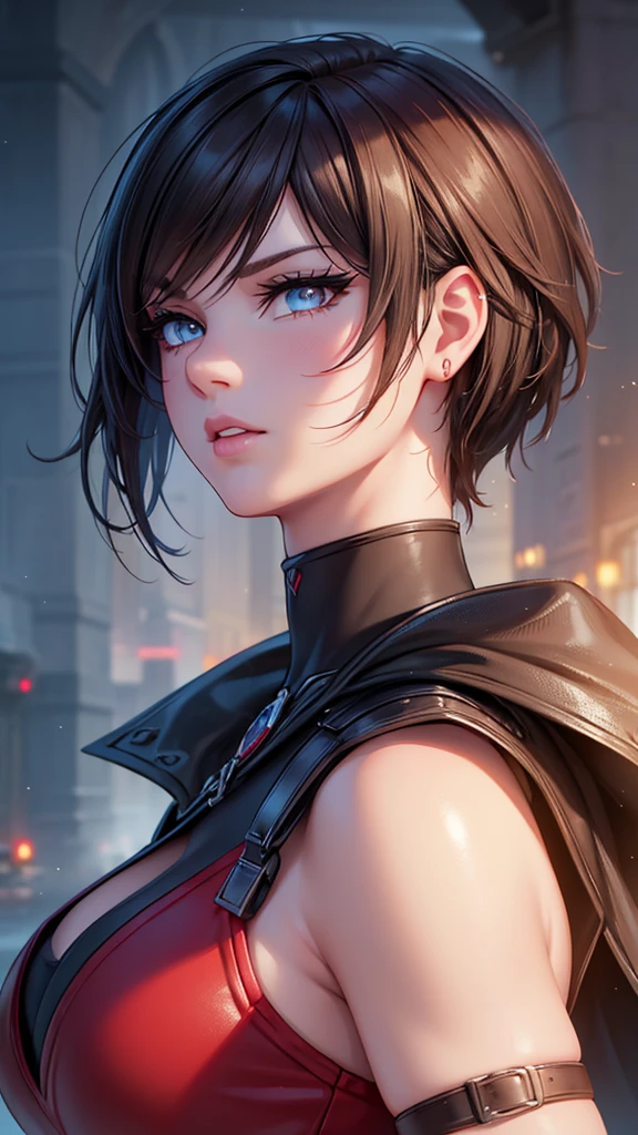 realistic, 1girl, Ruby Rose, RWBY, hero shot, detailed face, beautiful detailed eyes, beautiful detailed lips, extremely detailed face and eyes, long eyelashes, cinematic lighting, colorful, vibrant, dynamic pose, action scene, powerful, heroic, (best quality, 4k, 8k, highres, masterpiece:1.2), ultra-detailed, (realistic, photorealistic, photo-realistic:1.37), cinematic lighting, epic, dramatic