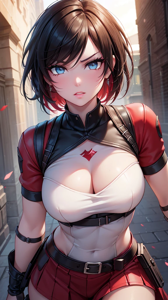 realistic, 1girl, Ruby Rose, RWBY, hero shot, detailed face, beautiful detailed eyes, beautiful detailed lips, extremely detailed face and eyes, long eyelashes, cinematic lighting, colorful, vibrant, dynamic pose, action scene, powerful, heroic, (best quality, 4k, 8k, highres, masterpiece:1.2), ultra-detailed, (realistic, photorealistic, photo-realistic:1.37), cinematic lighting, epic, dramatic