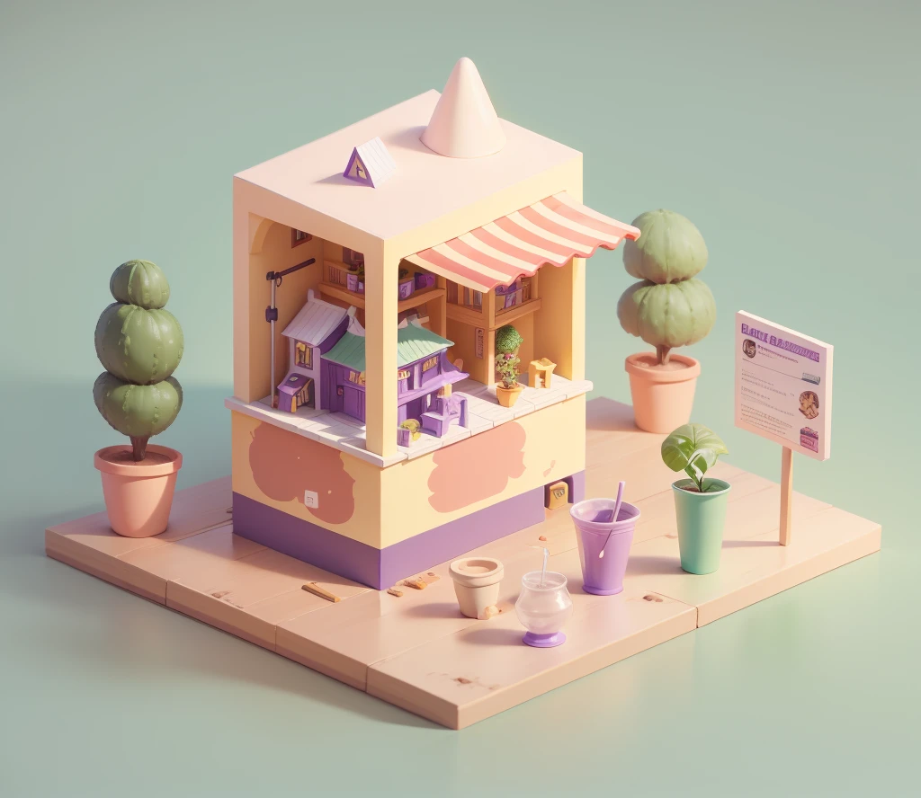 Toystore，lisses，White background，Purple house，Plant green，Align main building right