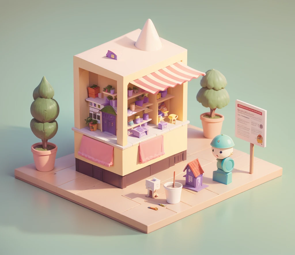 Toystore,lisses,White background,Purple house,Plant green,Align main building right