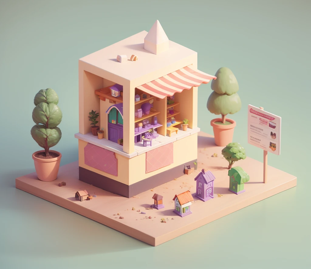 Toystore,lisses,White background,Purple house,Plant green,Align main building right