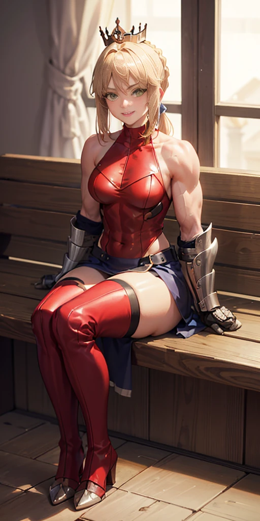 Lancer Artoria, elegant adult female, blonde, green eyes (yellow eyelashes) crown, turtleneck, full body sitting on a bench, showing ass to me, RED breastplate, RED skin (1SologirlRED skin:1.2), looking at viewer, shiny, armor, thigh highs, high boots, pauldrons shoulder armor, faulds, poleyn, RED gloves gauntlets, rerebrace, RED military armored boots, yordle muscular lean platinum blonde long twin tails hairstyle at the bedroom lustful smirking smile face red blushed, blush, strong abs, female body builder, tiara, twin drills hair, (masterpiece, best quality, ultra detailed, best shadow)