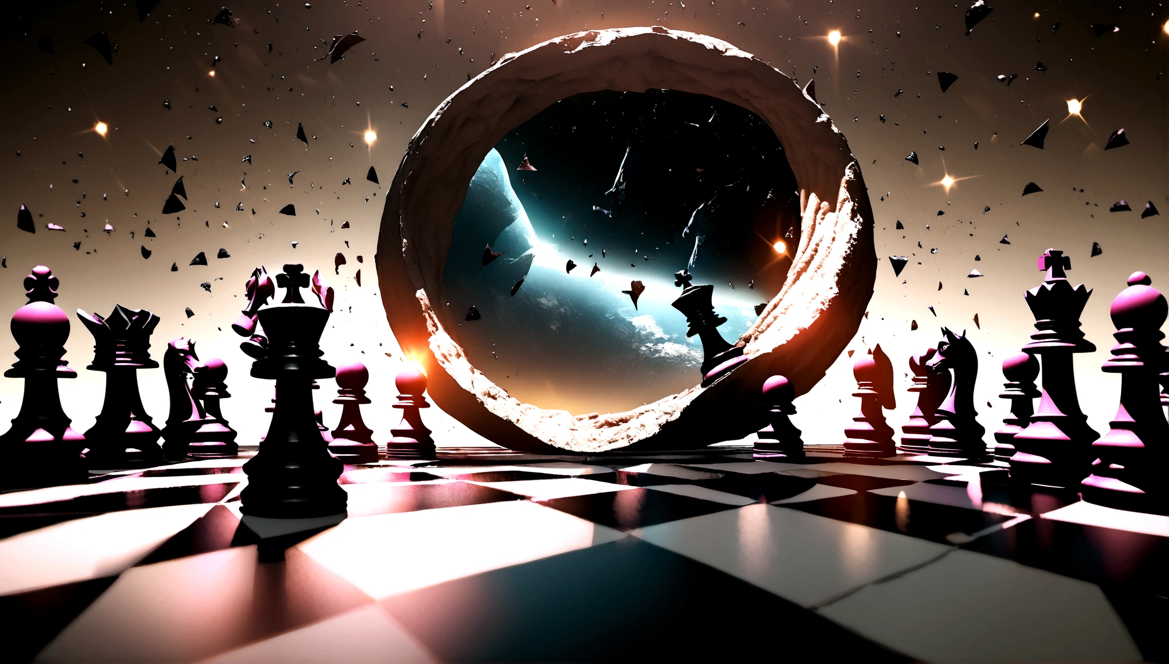 Go game，Chess pieces floating，3D rendering effect，The chessboard is flipped and suspended，The Mysterious Universe，The picture is full