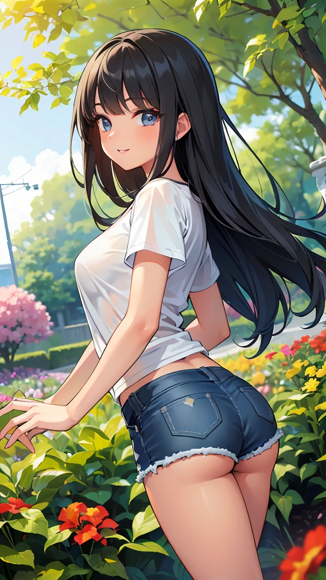 (8K, Live shooting, best quality, muste piece: 1.2), High-definition RAW color photo, Professional photography, cinematic light, ((1 girl)), focus on butt, (Low - Angle:1.2), super cute face, (black long hair), smile, Gorgeous body, glossy lips, slender body, big breasts, small butt, ((T-shirt, denim shorts, )), with your back turned:1.5, Are standing:1.2, Turn around pose, natural makeup, long eyelashes, shiny hair, asymmetrical bangs, tanned skin, pretty face, beautiful detailed eyes, beautiful body, beautiful chest, beautiful thighs, beautiful legs, (((clean fingers, 5 fingers on hand, five fingers))), (((flower garden, garden))), central image, high resolution, high detail, detailed hairstyle, detailed face, epic movie lighting, lively, hyper real, perfect limbs, perfect anatomy, anatomically correct,