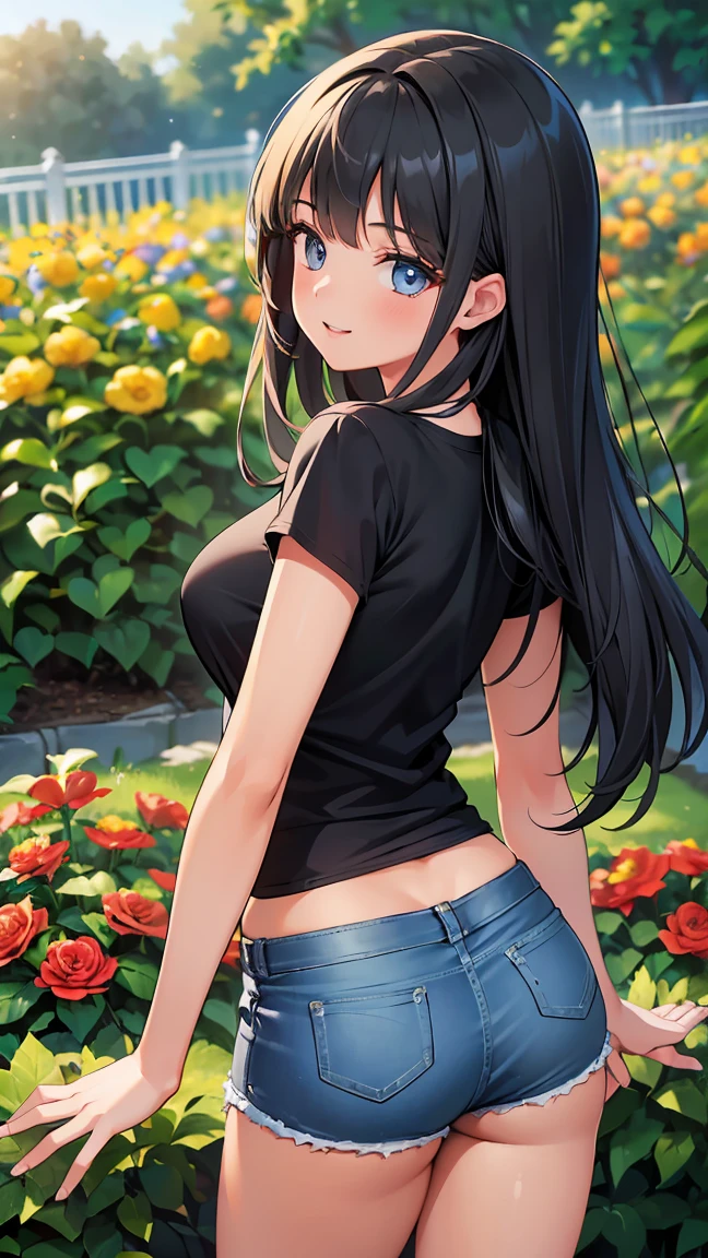 (8K, Live shooting, best quality, muste piece: 1.2), High-definition RAW color photo, Professional photography, cinematic light, ((1 girl)), focus on butt, (Low - Angle:1.2), super cute face, (black long hair), smile, Gorgeous body, glossy lips, slender body, big breasts, small butt, ((T-shirt, denim shorts, )), with your back turned:1.5, Are standing:1.2, Turn around pose, natural makeup, long eyelashes, shiny hair, asymmetrical bangs, tanned skin, pretty face, beautiful detailed eyes, beautiful body, beautiful chest, beautiful thighs, beautiful legs, (((clean fingers, 5 fingers on hand, five fingers))), (((flower garden, garden))), central image, high resolution, high detail, detailed hairstyle, detailed face, epic movie lighting, lively, hyper real, perfect limbs, perfect anatomy, anatomically correct,