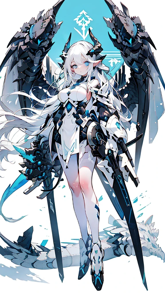 White hair, blue eyes, Celestial dragon, black horn, gigantic white and blue dragon wing, knight, duel sword, Turret around her, War theme