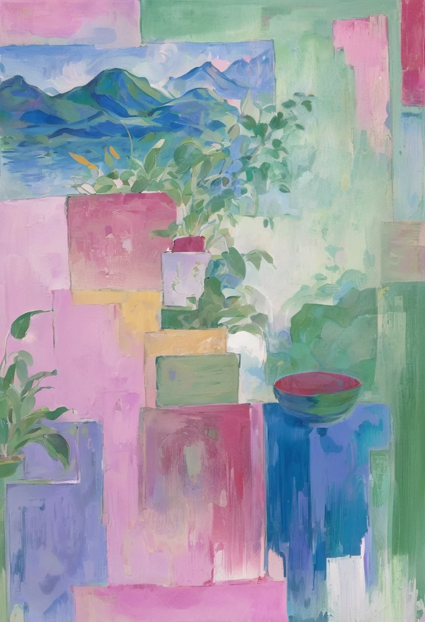 抒情abstract, pink、blue and green mist, 略显abstract, 灵感来自汉斯·Hoffman, abstract现实主义, abstract, abstract丙烯画, abstract技巧, abstract印象派, With this picture carrier，Generate an image with a certain artist（matisse、Hoffman，Cézanne，Chagall，miro）Works in five artist styles，Fusion of five artistic styles，The picture has a certain contemporary quality，Contains contrasting colors，Complementary colors，Adjacent colors，Area comparison，Chiaroscuro，A work with a strong sense of space。Fully reflects the styles and integration of the five artists，Add some details。