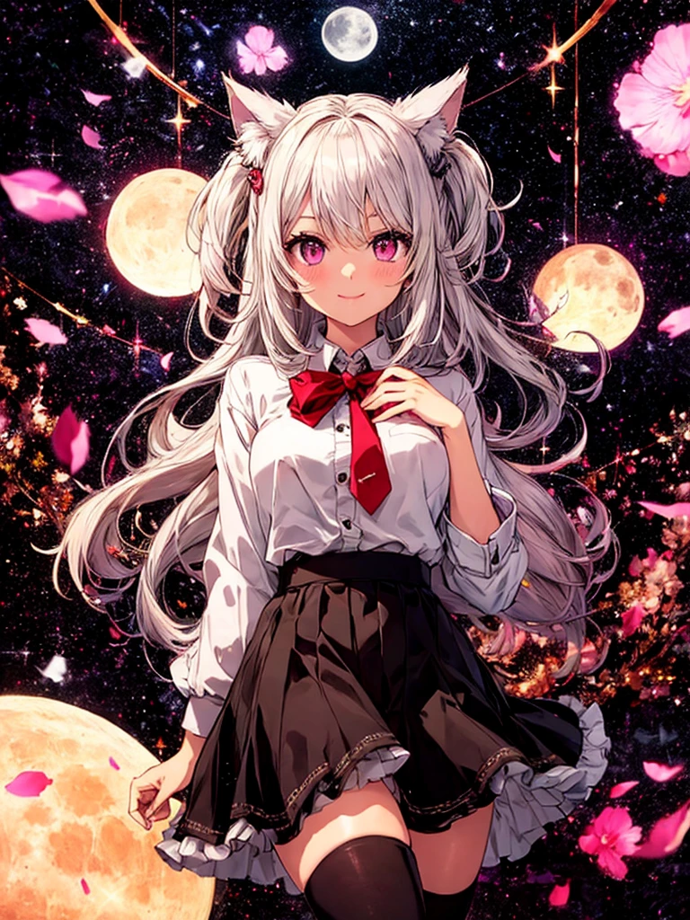 Highly detailed face,fine grain,Sparkling eyes,Highlighted eyes,Medium chest,pretty girl,smile,Cat ear,Beautiful silver hair,Pink inside,Beautiful pink eyes,Oversized shirt、skirt,black tights,moon