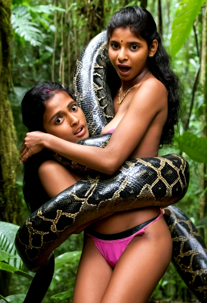  Topless  pink thong wearing aroused horny beautiful happy young Indian  girl vs  Giant black anaconda monster wrapped around her body squeezing her in coiled embrace cuddling and kissing  sexual erotic bestiality  sex  realistic in the rainforest full body, best quality wet 