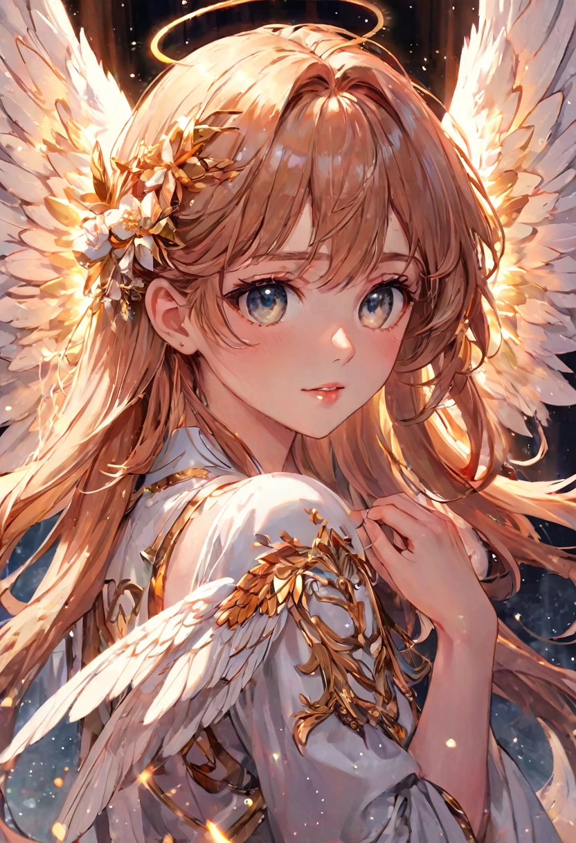 Anime Style, (Surrealist:1.2), beautiful, Master Parts, Highest quality, Highly detailed face, Perfect lighting, Nice hands, Perfect Arms, An angel shining with a sacred and heavenly splendor, (Heavenly Being:1.2), (Calm expression), (Majestic Wings), (Mysterious glow:1.1), (Peaceful and comfortable), (Superb beauty), (God's Grace), (A symbol of purity), (Golden Halo), (An uplifting atmosphere), (Kingdom of Heaven), (Spiritual Lighting), (Soft and protective), (Illumination light:1.2), (Angelic figures), (Harmony and tranquility), (Angel Robe), (Timeless and heavenly), (Captivating aura), (Healing and guidance)