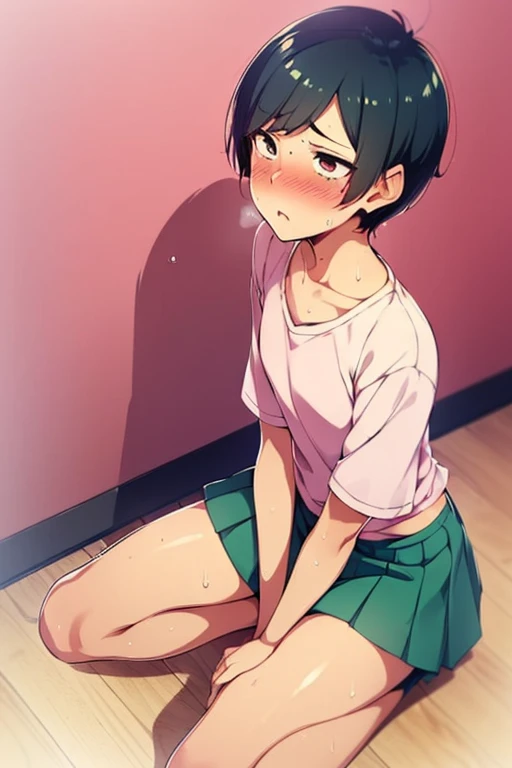 fullbody shot,(highest quality:1.2),(perfect beautiful face:1.2),(perfect and beautiful posture:1.2),(otokonoko boy:1.5),(short cut hair:1.4), ((confused,embarrassed:1.3)),(flat chest,shyness:1.1),((sweaty,sunburned skin:1.3)), ((random color blouse,random color miniskirt)), mouth open a little,at sexual room