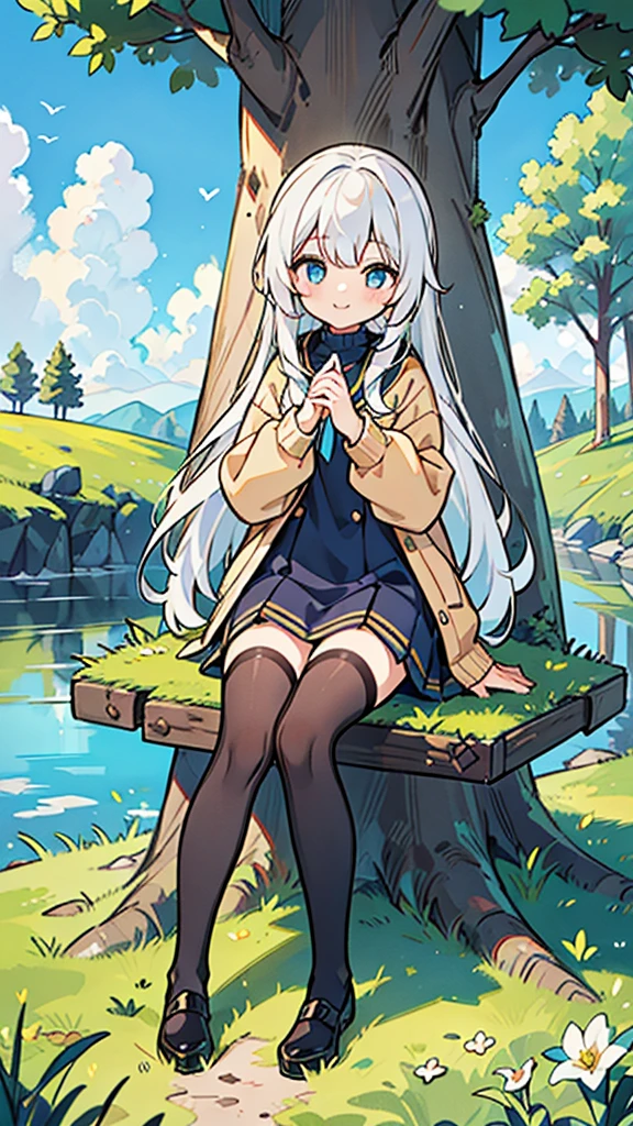 White-haired -yeld giEyes as golden as gold,DC sea long hair,Wearing a modern light brown sweater jacket and long black stockings,Sitting under the big tree and grass,There is blue sky，With a smile，Ultra HD，Delicate and delicate fingers，masterpiece，Colorful