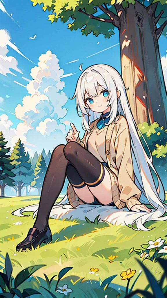 White-haired 12-year-old girl,Eyes as golden as gold,DC sea long hair,Wearing a modern light brown sweater jacket and long black stockings,Sitting under the big tree and grass,There is blue sky，With a smile，Ultra HD，Delicate and delicate fingers，masterpiece，Colorful