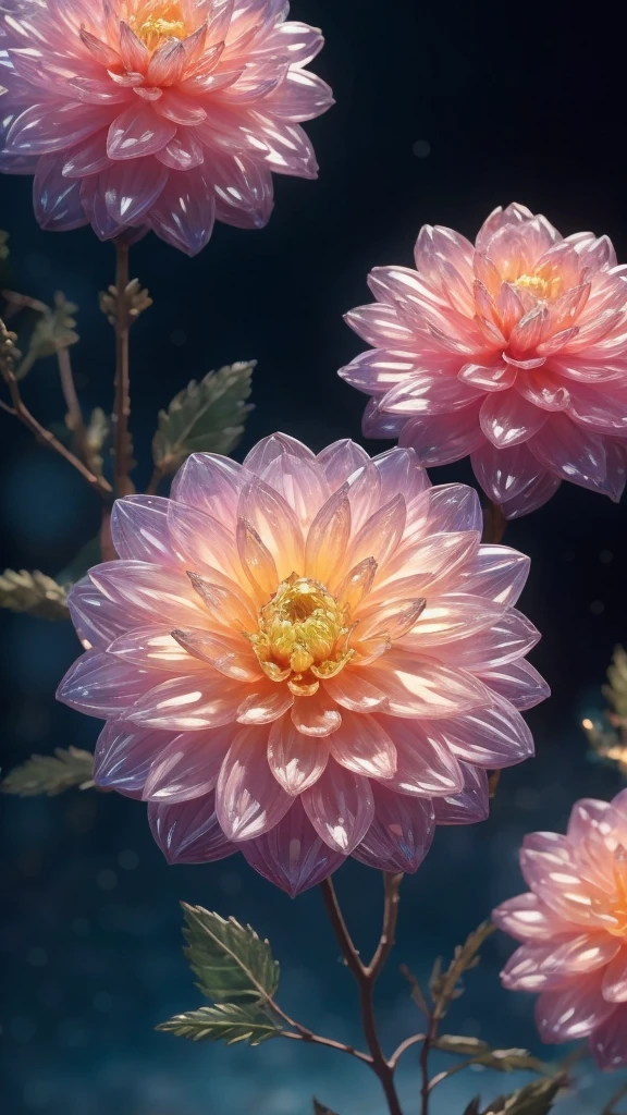 Crystal Blossom Flower,Dahlia Fantasy, Milky Way, transparent,
Sparkling, Sparkling, wonderful, colorful,
Magical Pictures, Dramatic lighting, Photographic realism, Super detailed, 4K, Depth of written boundary, High resolution