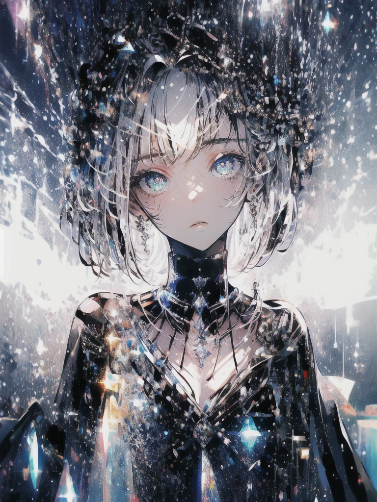 ((masterpiece, highest quality, Super detailed, High resolution)), alone, beautiful girl, shining eyes, perfect eyes, 15 years old, black white gold theme,