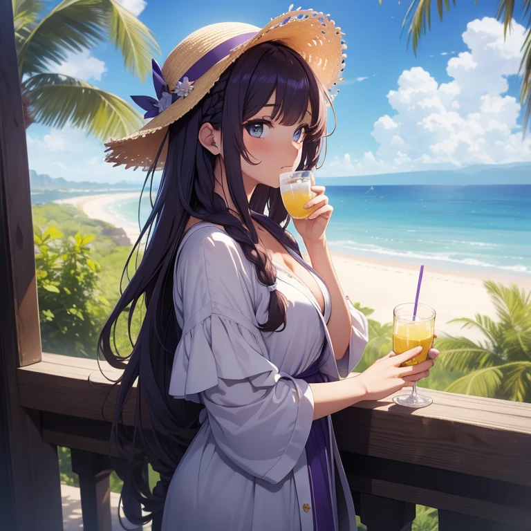 Masterpiece, best quality, Holding the cup of limonade with both hands, Raise both hands, Overlooking the sea, 1 Whole body of a girl,  has brown long hair, Blue Eyes, bob cuts, Braided hair, summer purple dress, robe blanche, frilld, a straw fedora hat, Embarrassing, ed blush, Seaside city, concept-art, beautiful anime scene, Beautiful anime scenery, beste-Quality, ​masterpiece