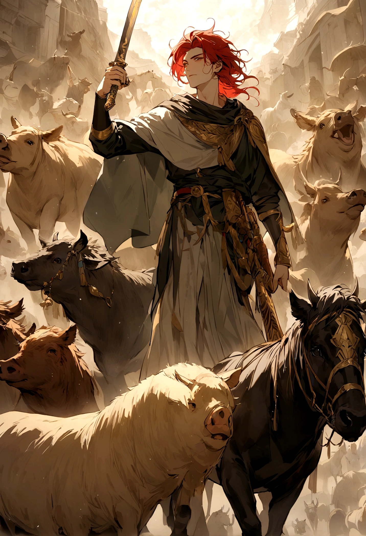 A brave youth boy with red hair and golden eys, he is wearing an acient persian cloak and holding a shamshir sword on hand. Behind he is te hologram of a sacred raptor, a boar, a bull, a gale, a white ram, a black goat, a white stallion, an ancient persian warrior and a gold camel.