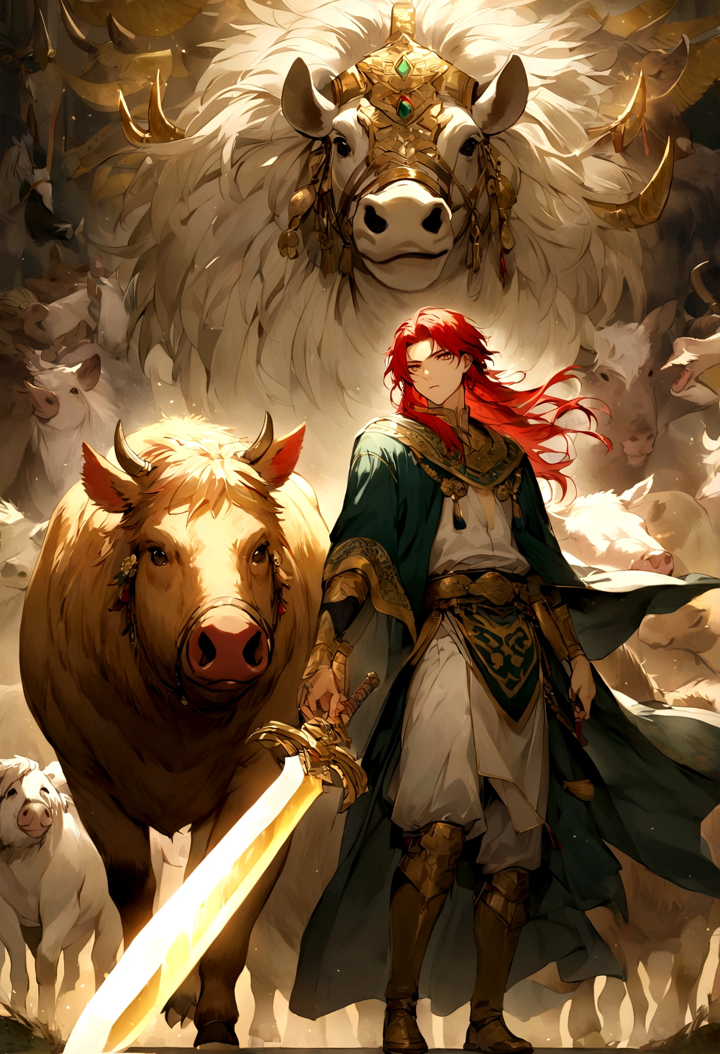 A brave youth boy with red hair and golden eys, he is wearing an acient persian cloak and holding a shamshir sword on hand. Behind he is te hologram of a sacred raptor, a boar, a bull, a gale, a white ram, a black goat, a white stallion, an ancient persian warrior and a gold camel.