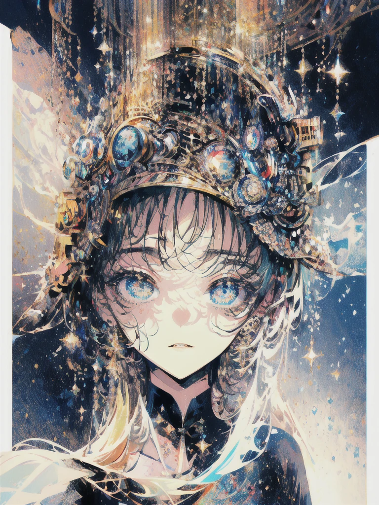 ((masterpiece, highest quality, Super detailed, High resolution)), alone, beautiful girl, shining eyes, perfect eyes, , black white gold theme,