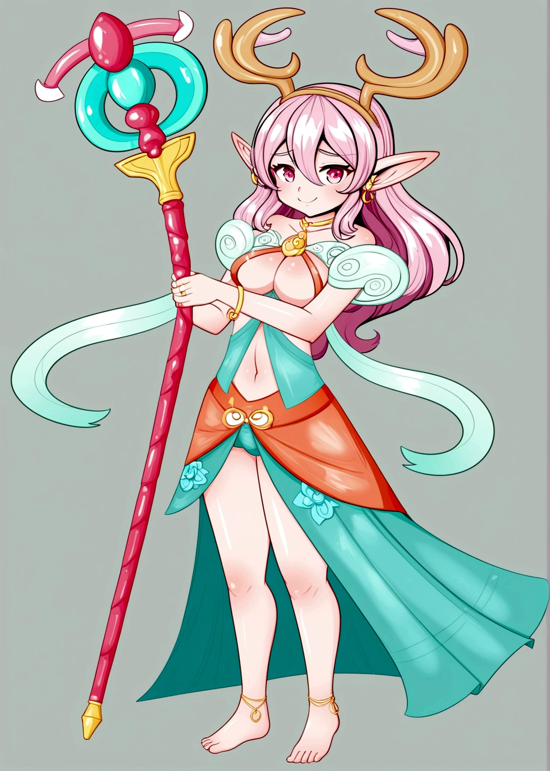 Cartoon anime style,beautiful girl,Fluffy pink hair,antlers,Elf ears,orangeskirt,Scepter,Standing barefoot,Foot ring。(((Correct human anatomy)))