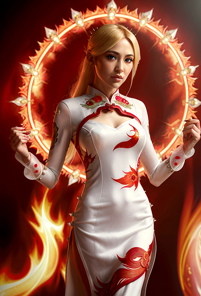 high details, best quality, 16k, [ultra detailed], masterpiece, best quality, (extremely detailed), full body, ultra wide shot, photorealistic, fantasy art, dnd art, rpg art, realistic art, an ultra wide picture of a female elf (intricate details, wearing fiery (white Cheongsam studded with red diamonds: 1.5), Masterpiece, best quality: 1.5) goddess of fire ((fiery radiant aura)), controlling a swirling red fire, fiery red radiant magic (1.5 intricate details, Masterpiece, best quality), manipulating purple radiant magical symbols, [[divine symbols]] (intricate details, Masterpiece, best quality: 1.5), elf female, (blond hair: 1.3), long hair, hair with aura, with red radiant eyes, intense eyes, ((radiant eyes)), (( red glowing eyes)), she wears Cheongsam with fiery patterns,  the fire leaps from the Cheongsam, fantasy volcano back ground, streams of lava, celestial background, ((divine worship atmosphere)), high details, best quality, highres, ultra wide angle, faize, diam0nd, Hyperrealism style