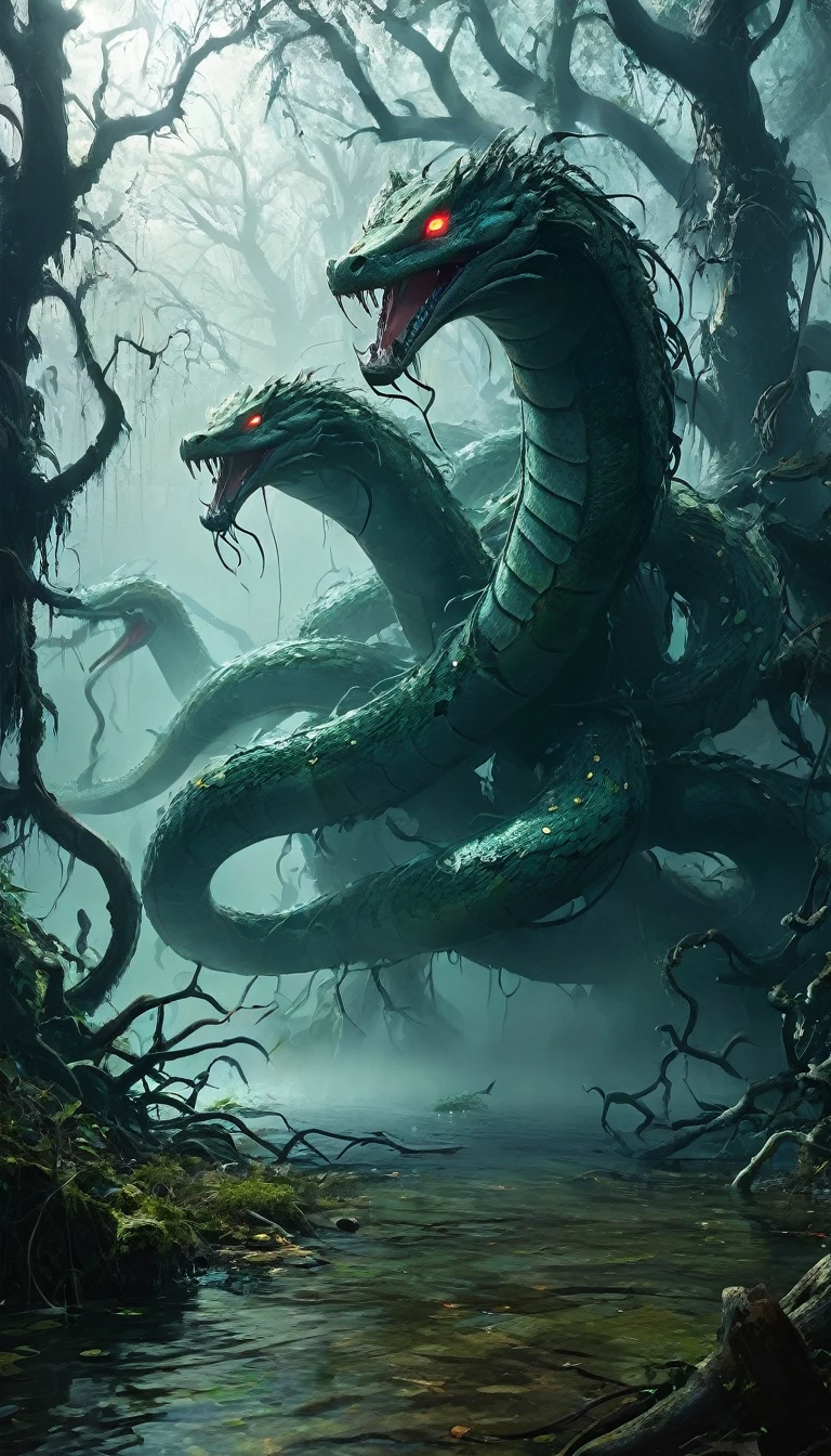 A terrifying Hydra with nine snake-like heads, each head with glowing red eyes and sharp, venomous fangs, emerging from a dark, foggy swamp. The Hydra's scaly, dark green skin glistens under the pale moonlight. The air is filled with an eerie, greenish mist and the swamp is dotted with twisted, dead trees. Lightning crackles in the stormy sky above, casting dramatic shadows and highlighting the monstrous form of the Hydra, making it look even more menacing