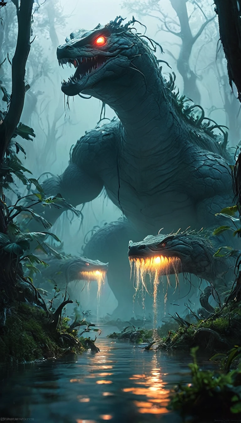 A terrifying Hydra with nine snake-like heads, each head with glowing red eyes and sharp, venomous fangs, emerging from a dark, foggy swamp. The Hydra's scaly, dark green skin glistens under the pale moonlight. The air is filled with an eerie, greenish mist and the swamp is dotted with twisted, dead trees. Lightning crackles in the stormy sky above, casting dramatic shadows and highlighting the monstrous form of the Hydra, making it look even more menacing