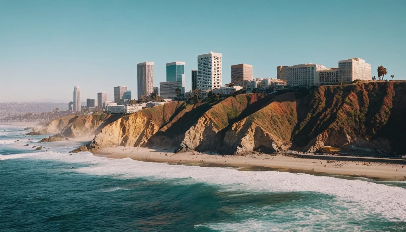 Drone view of waves crashing against the rugged cliffs along near Los Angeles, California's beach in 3060 morning time, soft pink morning light on the sky. The crashing blue waters create white-tipped waves, while the soft pink light of the rising sun illuminates the shore. In the background there is the dystopian futuristic megacity with so many different styled skyscrapers.There are a bunch of huge skyscrapers on the horizon.The steep drop from the road down to the beach is a dramatic feat, with the cliffs edges jutting out over the sea. This is a view that captures the raw beauty of the coast and the rugged landscape.Photorealistic Reflections on the water, realistic splashing waves, real water surface. Extremely highly intricate details and photorealistic materials.Photorealistic Reflections.Natural lights, neutral colors, lomochrome,dramatic, dynamic composition. Consistent structure of the buildings, static environment,consistent movement of the camera.Contrast lighting, volumetric lighting, best shadows,sharp focus, depth pf field, Realism, Cinematic, Photoreal,Panavision 70s movie styled in color, celluloid, uhd, hdr, 4k, 35mm film Screengrab a 1950s Super Panavision 70 film, in color. Best shadows, best quality. Lifelike textures, sharp focus, depth of field, realism, photorealism, vintage color tones, cinematic lighting, contrast lighting, soft front light, insanely intricate details, hdr, uhd, 8k, 35 mm film, analog camera shot.