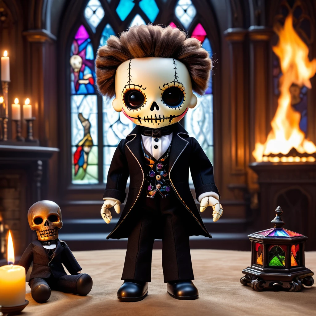 (knitted toy voodoo doll:1.2), (Voodoo Gothic Lord:1.3), (Clothes Black tailcoat with silver buttons, white shirt with jabot, cane with a skull on the end:1.0), (in the background Luxurious Gothic mansion, with stained glass windows, fireplace with burning fire and portraits of ancestors:1.2), best quality, masterpiece, detailed soft oil painting, detailed background, dramatic cinematic lighting, soft edge lighting, professional, dramatic lighting, hard edge lighting, ultra quality, 4k, masterpiece, best quality, 8k, ultra high definition, high resolution, extremely detailed