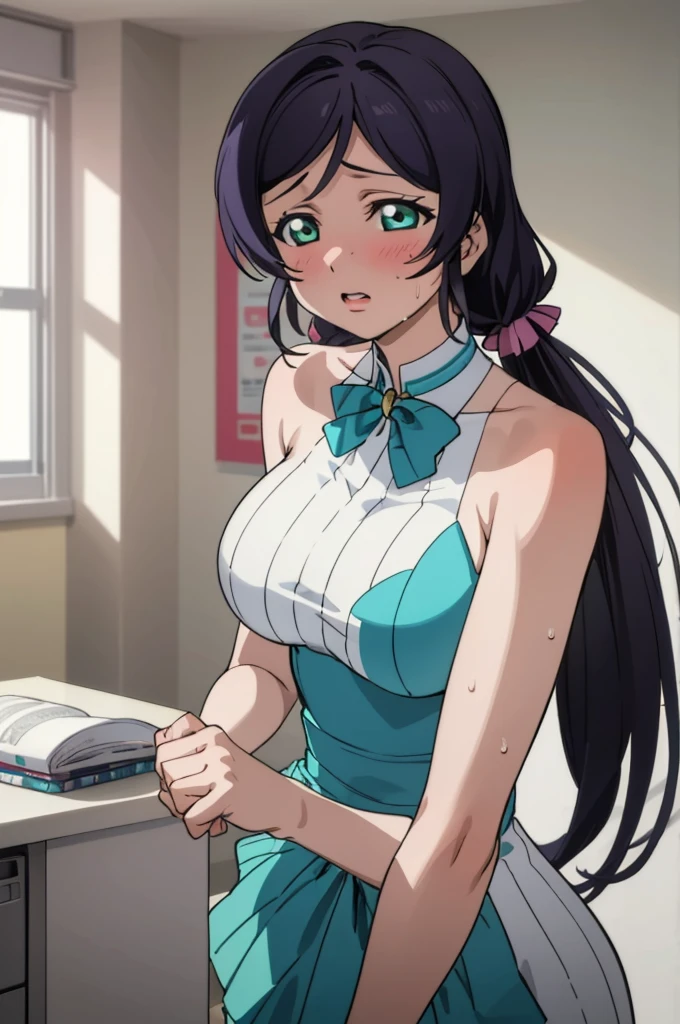 (masterpiece, best quality), 1girl,    nozomi toujou,huge breasts,idol costume,my room,sweating