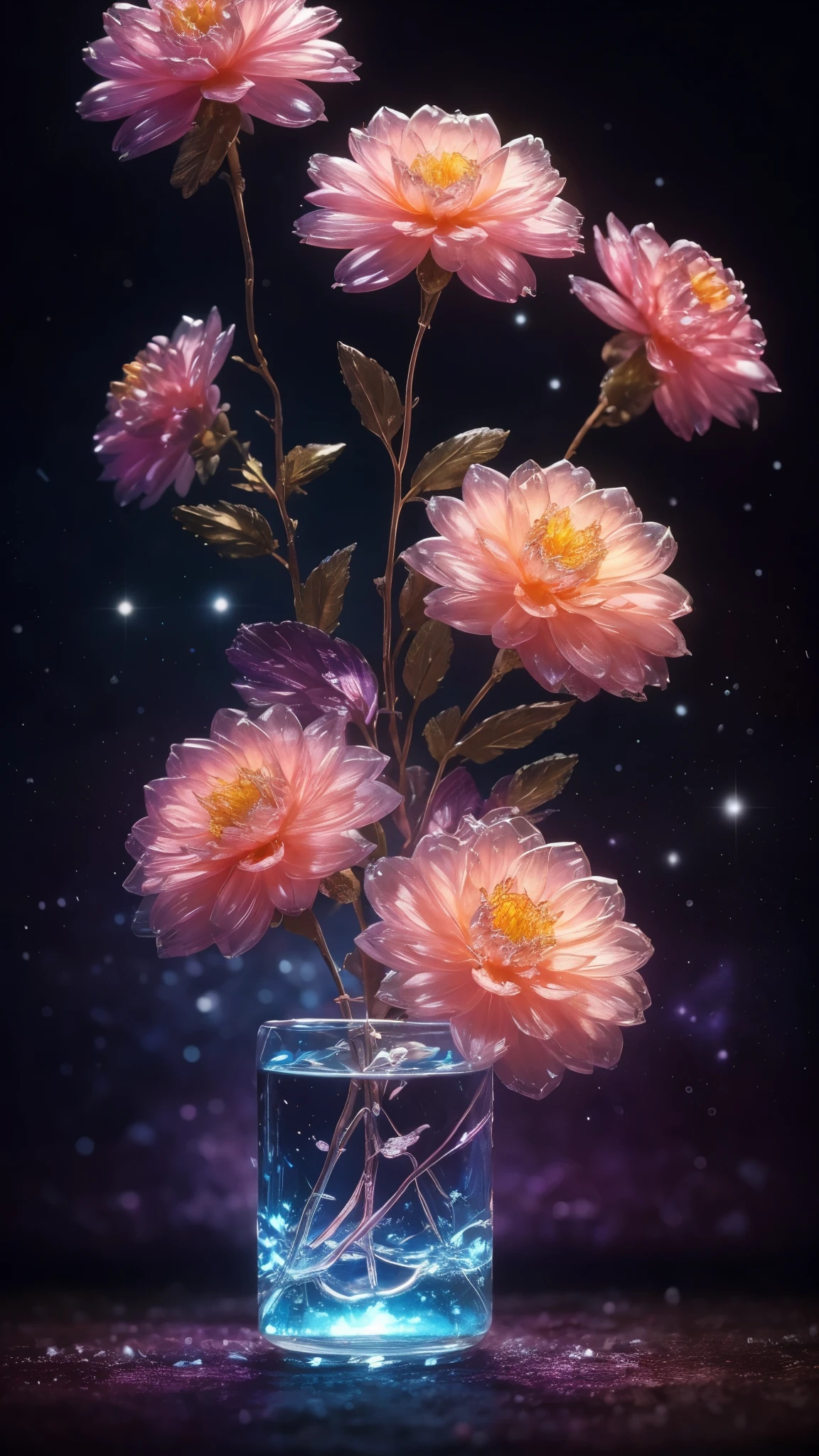 Crystal Blossom Flower,Dahlia Fantasy, Milky Way, transparent,
Sparkling, Sparkling, wonderful, colorful,
Magical Pictures, Dramatic lighting, Photographic realism, Super detailed, 4K, Depth of written boundary, High resolution