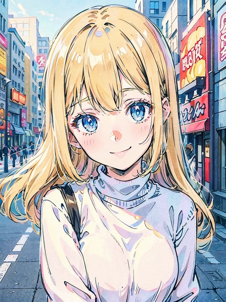 Anime screencap, anime style, anime scene, A teenage girl with long blonde hair and blue eyes is giving the viewer a gentle smile. She is wearing a white sweater, and the background is a beautiful city street.