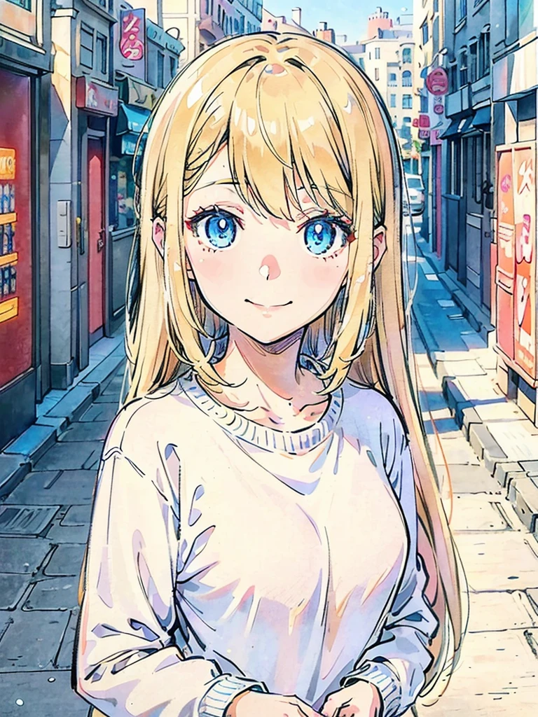 Anime screencap, anime style, anime scene, A girl with long blonde hair and blue eyes is giving the viewer a gentle smile. She is wearing a white sweater, and the background is a beautiful city street.