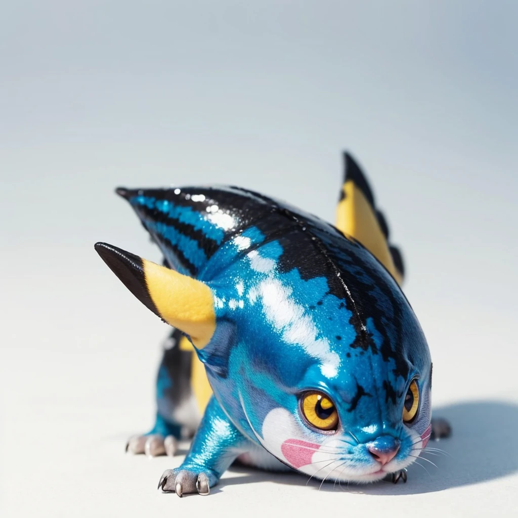 Small Animaly, Pikachu mixed with eel, (the skin is silver), has blue stripes on his skin, white eyes, Grassroots, no background