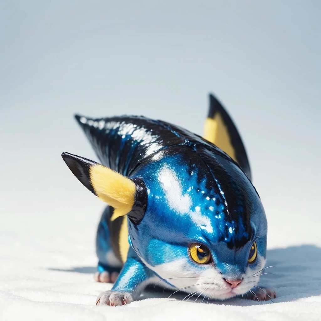 Small Animaly, Pikachu mixed with eel, (the skin is silver), has blue stripes on his skin, white eyes, Grassroots, no background