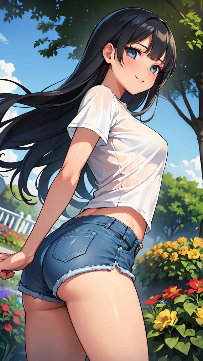 (8K, Live shooting, best quality, muste piece: 1.2), High-definition RAW color photo, Professional photography, cinematic light, ((1 girl)), focus on butt, (Low - Angle:1.2), super cute face, (black long hair), smile, Gorgeous body, glossy lips, slender body, big breasts, small butt, ((T-shirt, denim shorts, )), with your back turned:1.5, Are standing:1.2, Turn around pose, natural makeup, long eyelashes, shiny hair, asymmetrical bangs, tanned skin, pretty face, beautiful detailed eyes, beautiful body, beautiful chest, beautiful thighs, beautiful legs, (((clean fingers, 5 fingers on hand, five fingers))), (((flower garden, garden))), central image, high resolution, high detail, detailed hairstyle, detailed face, epic movie lighting, lively, hyper real, perfect limbs, perfect anatomy, anatomically correct,