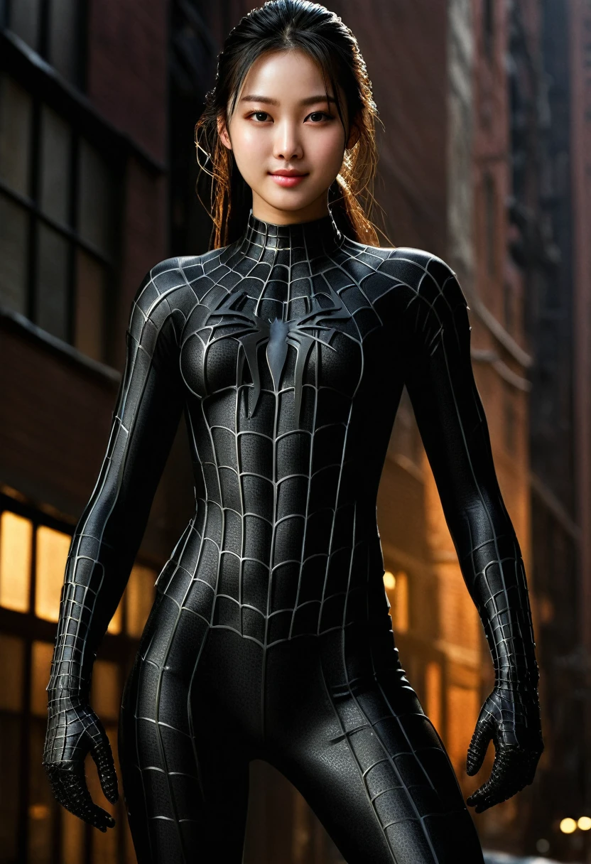 score_9, score_8_up, score_7_up, best quality, realistic, masterpiece, beautiful detail, hyperrealistic, (1girl, woman body, muscular girl, large breast, smile), amazing detailed full body portrait of a beautiful ulzzang girl, wearing a realistic and highly detailed black raimi spider-man suit, ((huge muscular girl)), professional model wears ultra - detailed black raimi spider - man suit, ultra - detailed and grained black raimi spiderman suit, suit covered entire body and hand, black spiderman gloves, wet, (strong pose), (full body), (dirty skin), close up, octane render, highly detailed, volumetric, dramatic lighting, (highest quality:1.1), (HDR:1.3), (top quality, best quality), realistic, high definition,
