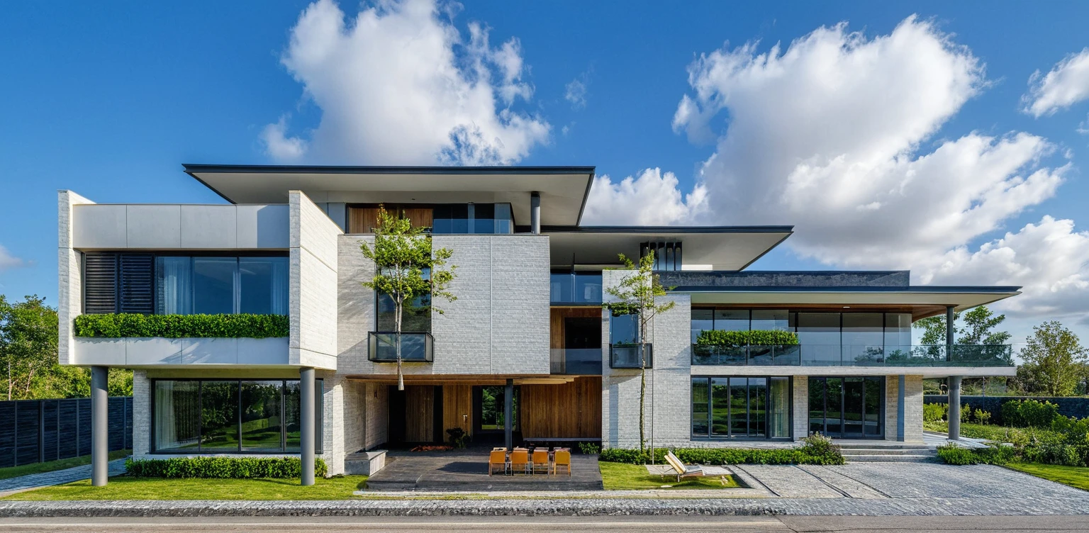 Masterpiece, high quality, best quality, authentic, super detail, outdoors, house style modern,bietthuhn, white wall, glass windows, gate road,pavement, grass, trees,blue sky, cloud, (day:1.1), realistic lighting