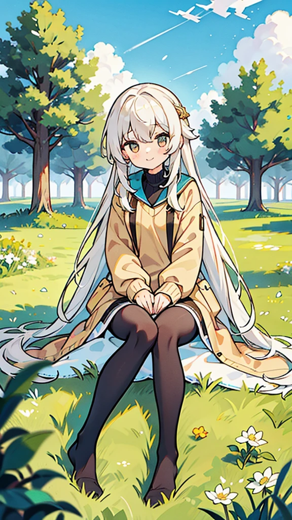 White-haired 12-year-old girl,Eyes as golden as gold,DC sea long hair,Wearing a modern light brown sweater jacket and long black stockings,Sitting under the big tree and grass,There is blue sky，With a smile，Ultra HD，Delicate and delicate fingers，masterpiece，Colorful，The eyes are golden，The eyes are golden，The eyes are golden，The eyes are goldenThe eyes are goldenThe eyes are goldenThe eyes are goldenThe eyes are goldenThe eyes are goldenThe eyes are goldenThe eyes are goldenThe eyes are golden