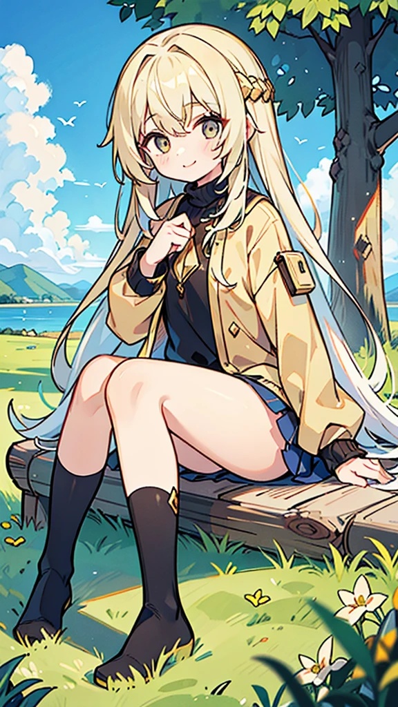 White-haired 12-year-old girl,Eyes as golden as gold,DC sea long hair,Wearing a modern light brown sweater jacket and long black stockings,Sitting under the big tree and grass,There is blue sky,With a smile,Ultra HD,Delicate and delicate fingers,masterpiece,Colorful,The eyes are golden,The eyes are golden,The eyes are golden,The eyes are goldenThe eyes are goldenThe eyes are goldenThe eyes are goldenThe eyes are goldenThe eyes are goldenThe eyes are goldenThe eyes are goldenThe eyes are golden