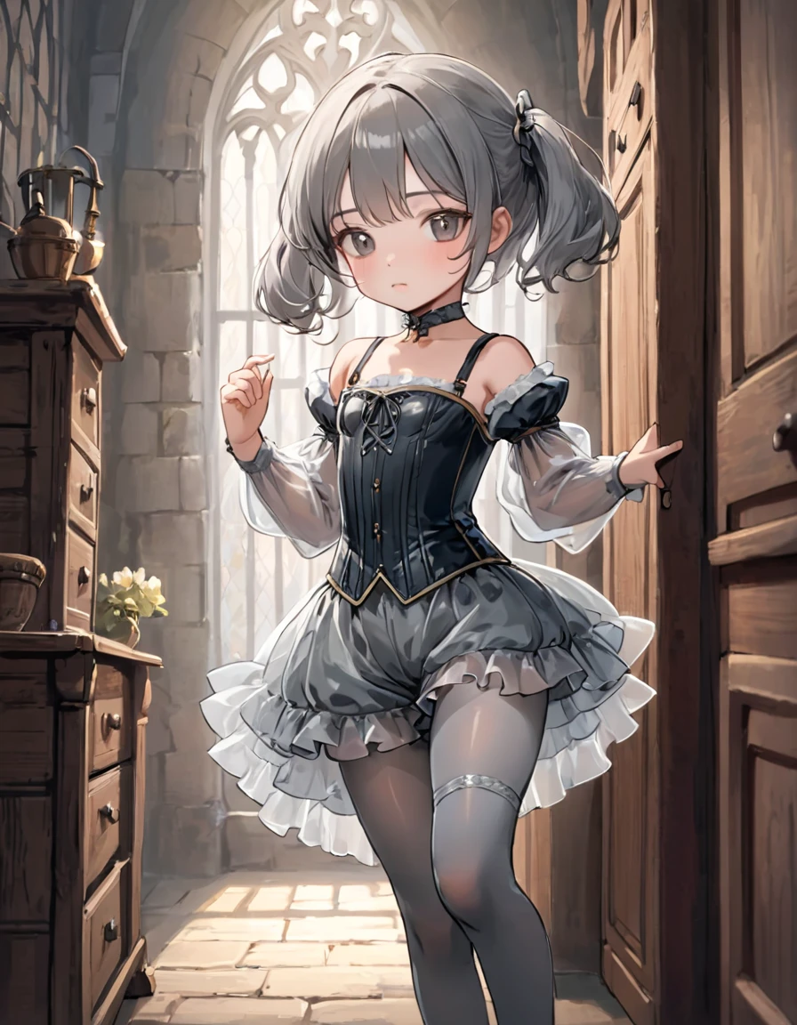 8 year old medieval girl, In underwear、Knee-length semi-transparent bloomers（Drawers）Wearing、Wearing a semi-transparent corset、Translucent slip, Grey translucent tights