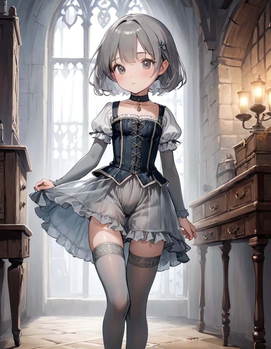 8  medieval girl, In underwear、Knee-length semi-transparent bloomers（Drawers）Wearing、Wearing a semi-transparent corset、Translucent slip, Grey translucent tights