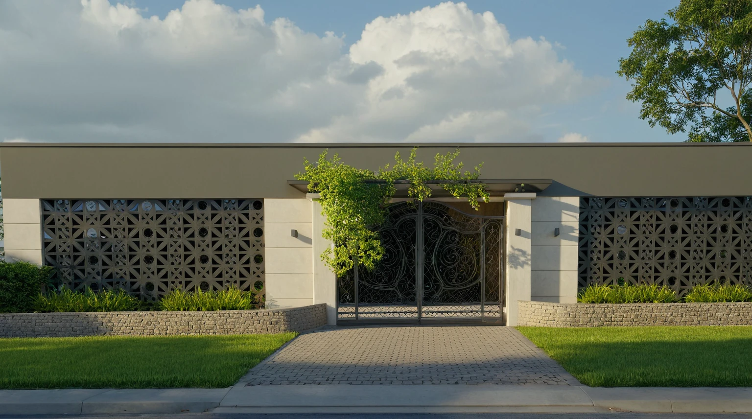 Raw photo, Masterpiece, high quality, best quality, realistic, super detailed,
exterior, outdoor, neoclassical style house, glass doors, gate, wooden ceiling,
road, sidewalk, trees, sky, clouds, (daylight:1.1)