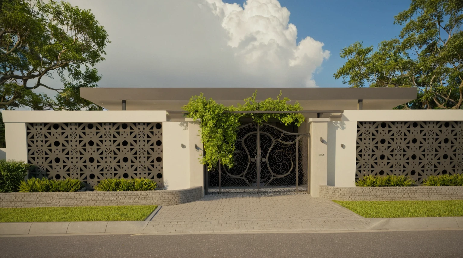 Raw photo, Masterpiece, high quality, best quality, realistic, super detailed,
exterior, outdoor, neoclassical style house, glass doors, gate, wooden ceiling,
road, sidewalk, trees, sky, clouds, (daylight:1.1)
