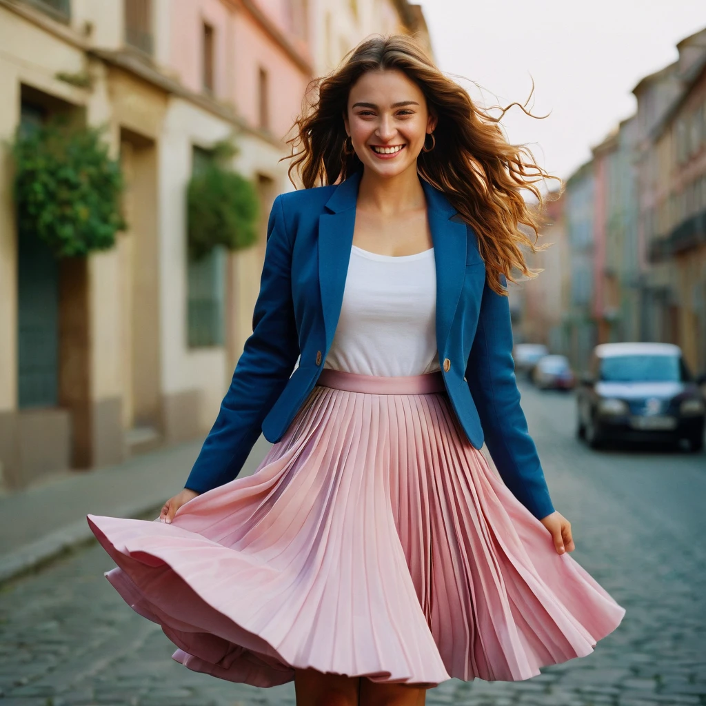 A smiling, authentic, (shy:1,3), kind, beautiful woman, is passionately in love with her skirt, wind wildly flowing her skirt, wearing short blazer and (long (fully pleated) full circle skirt) and (low heeled court shoes), very, very intricate hyper-detailed symmetric (attractive graceful young feminine face) with (sad, tired eyes and a loving smile), very voluptuous breasts, full of empathy and compassion and love, (pronounced (feminine) features), (highly detailed ultra accurate realistic) hands and fingers, (windy), epic composition, highly detailed attributes, (35mm f1.4 Kodak portra 400 photograph), extremely high quality RAW photograph, highly detailed atmosphere, sci-fi, cinematic shot, dynamic lighting, 75mm, Technicolor, Panavision, cinemascope, sharp focus, fine details, 8k, HDR, realism, realistic, key visual, film still, superb cinematic color grading, depth of field